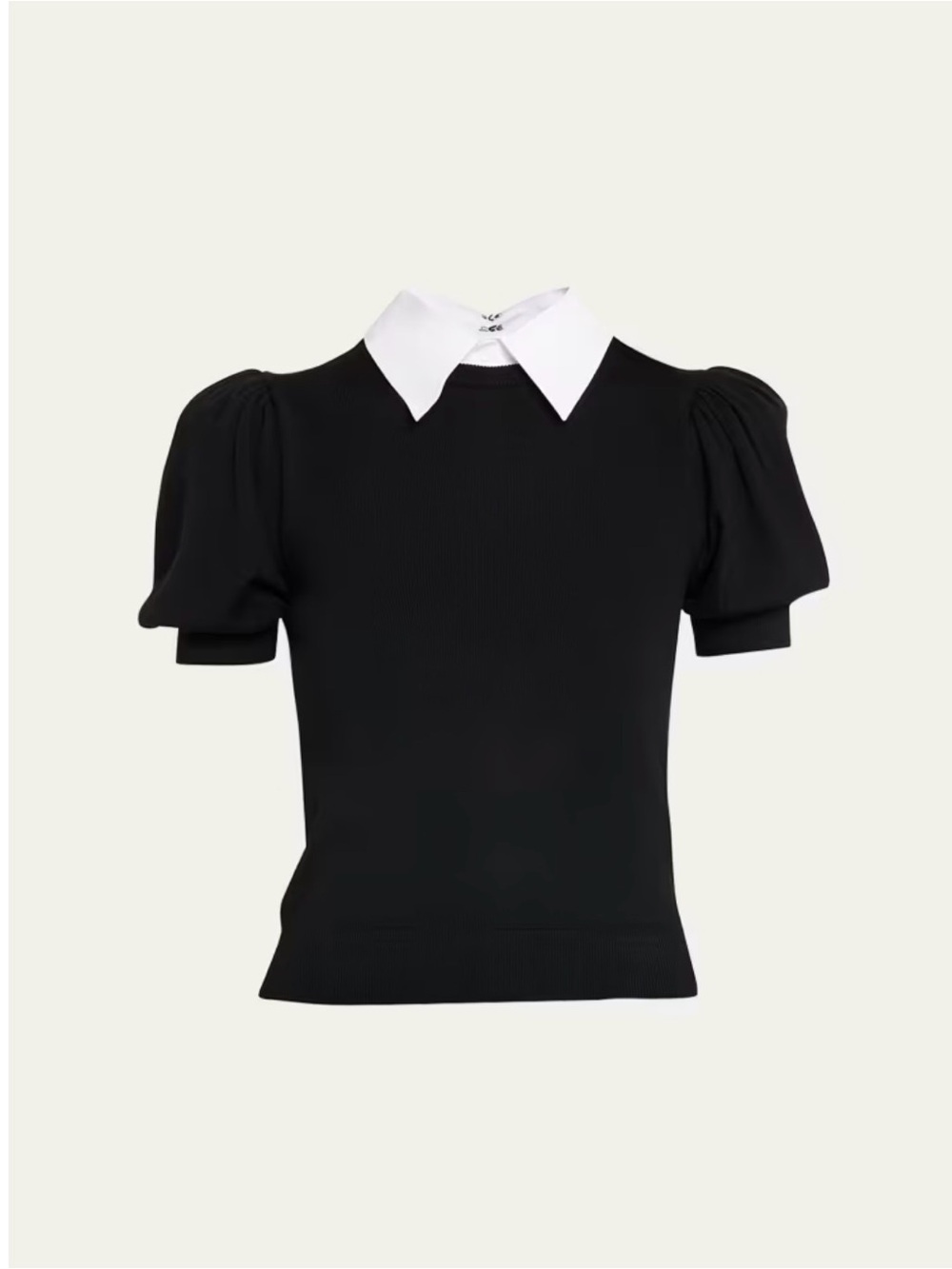 NWT Alice & Olivia Black Puff-Sleeve Knit Top with White Collar